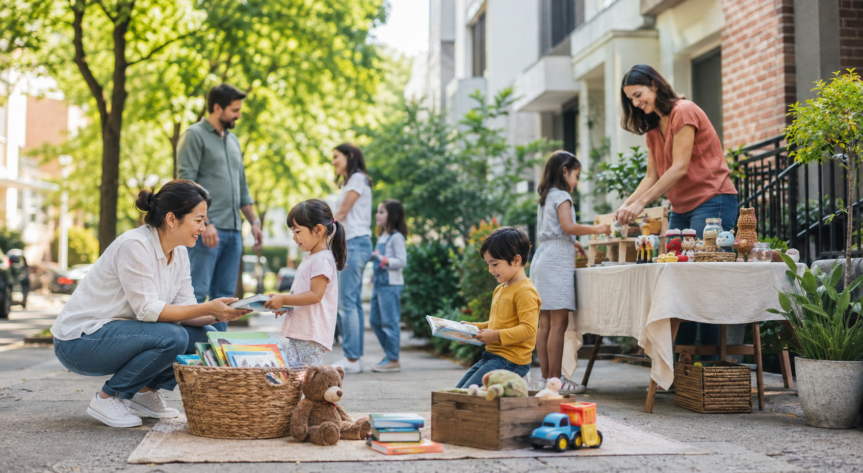 Parents and children meeting in a neighborhood to exchange books, toys, and handmade goods.